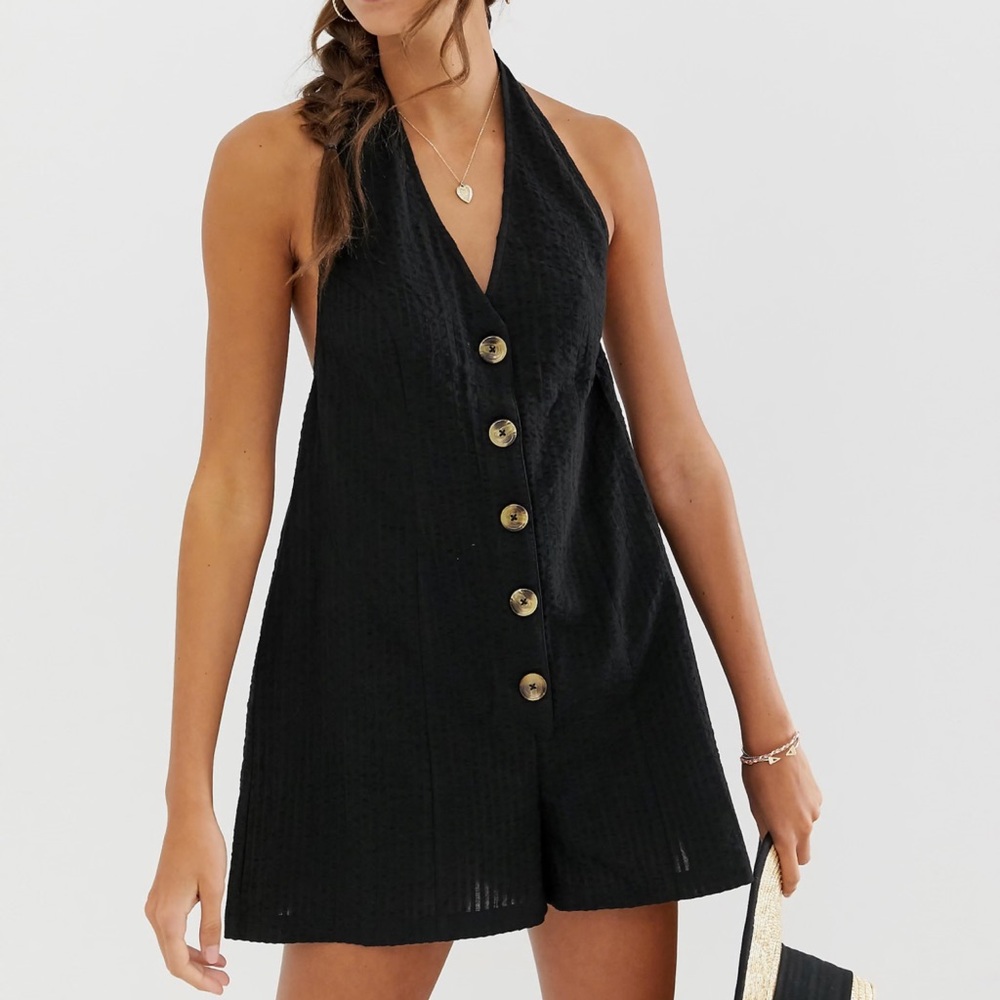 ASOS DESIGN halter neck button through romper in self stripe